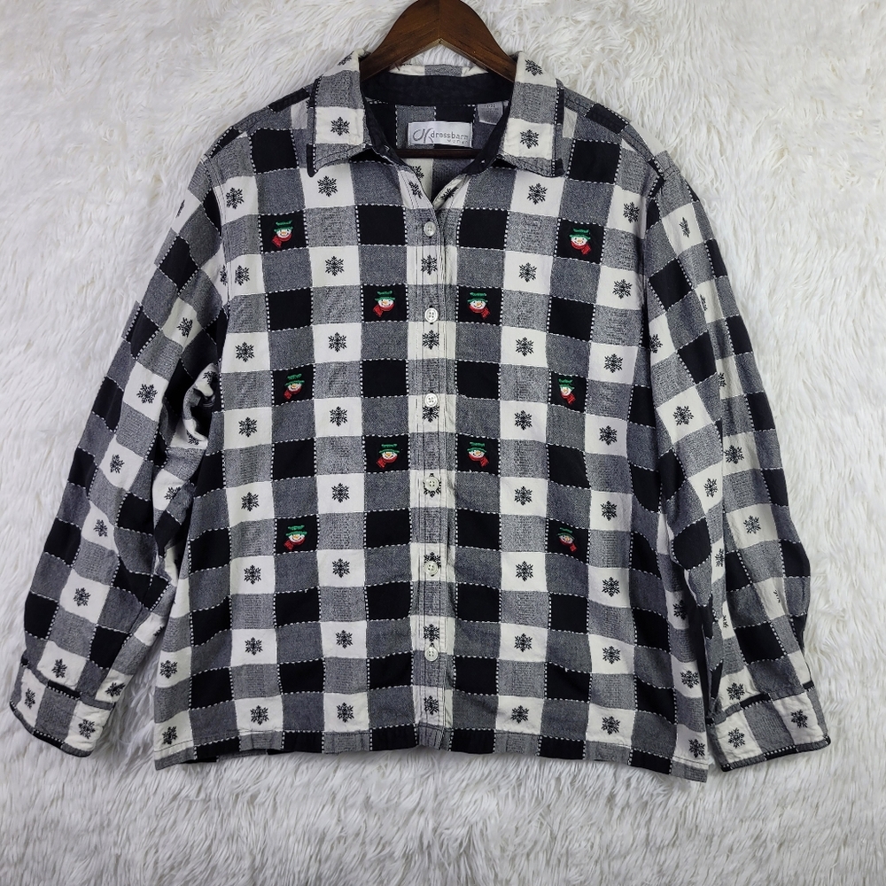 Dressbarn Womens Sz 18/20 Plaid Checkered Button Up Holiday Snowman Teacher